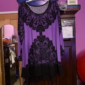 Susan Graver Artisan Liquid Knit Tunic in a rich purple with black lace-inspired
